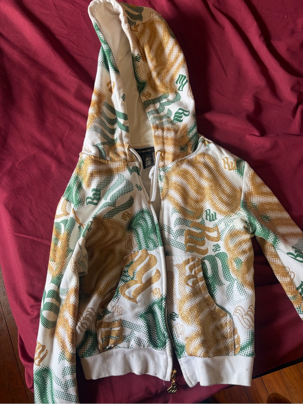 Rocawear White Hooded Zip Sweatshirt with Green & Gold Print